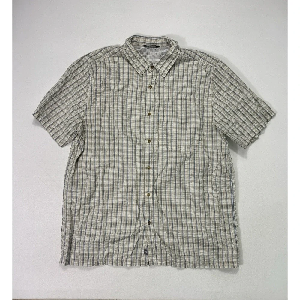 The North Face Men's XL Beige Blue Plaid Seersucker Button Shirt Hiking Outdoor
